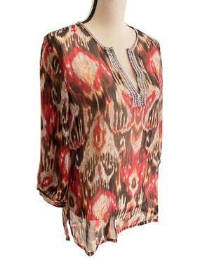 Chicos Blouse Top Size 1 Brown Red Tan Fall Colors Sheer